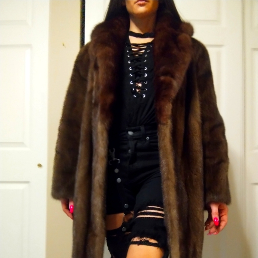 Real Mink Vintage Unisex Luxury Brown Reversible Long Fur Trench Pea Coat